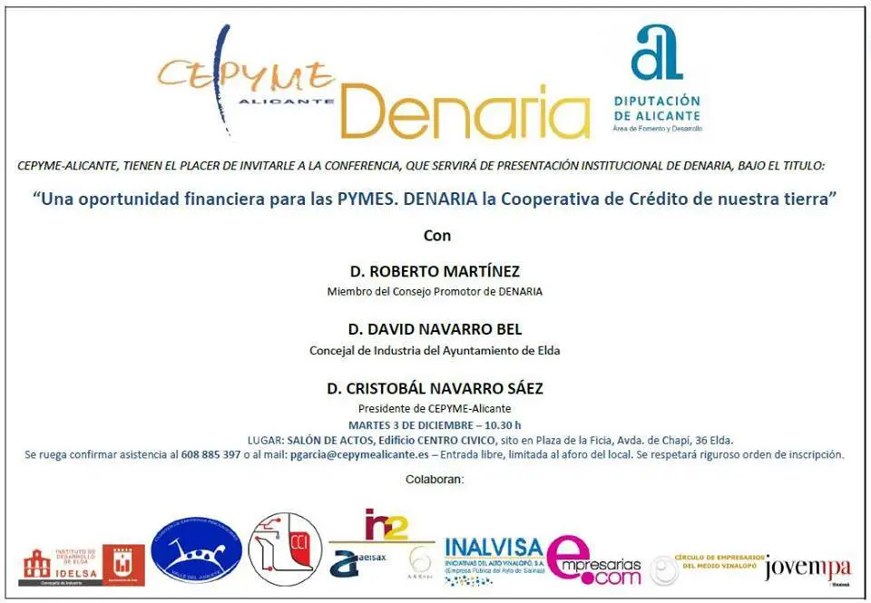 Una oportunidad financiera para las PYMES. Título de la presentación institucional que Denaria realiza en Elda este martes